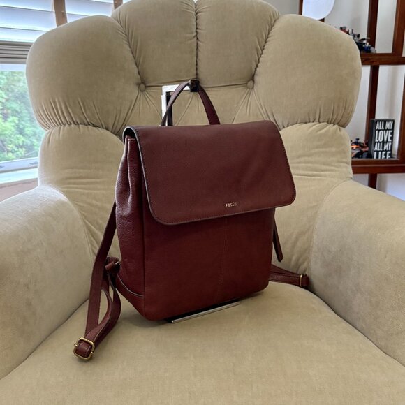 Auth FOSSIL Iconic CLAIRE Brown Grain Leather Backpack Purse - Picture 2 of 6